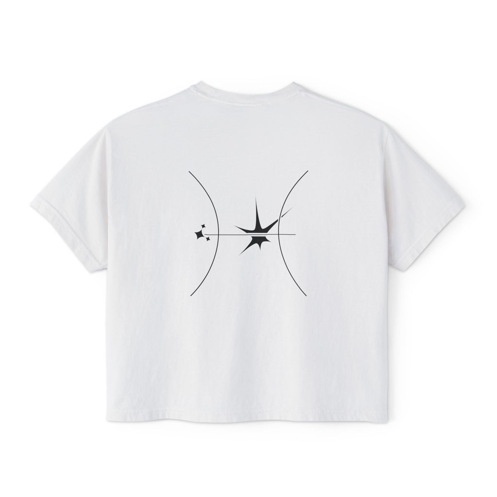 Back view of a white t-shirt featuring a minimalist Pisces zodiac design in orbital line-art