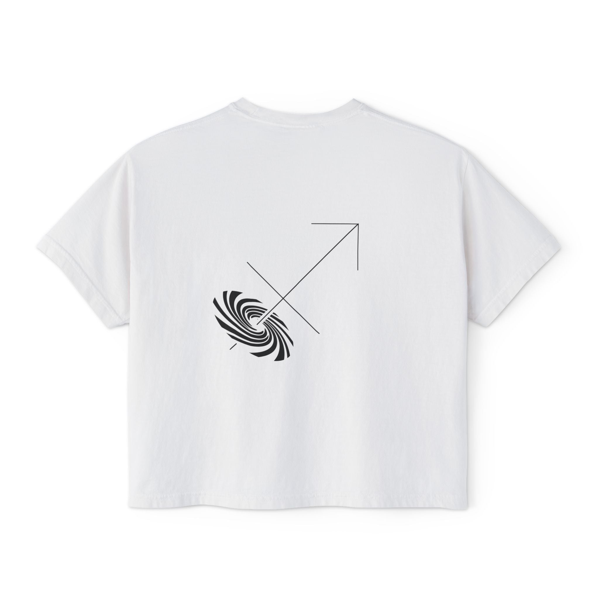 Back view of a white t-shirt featuring a minimalist Sagittarius zodiac design in orbital line-art