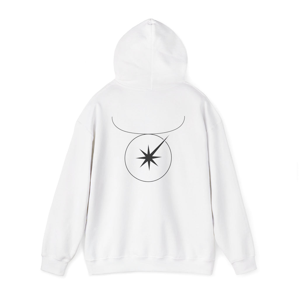 Back view of a white hoodie featuring a minimalist Taurus zodiac design in orbital line-art