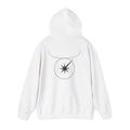 Back view of a white hoodie featuring a minimalist Taurus zodiac design in orbital line-art