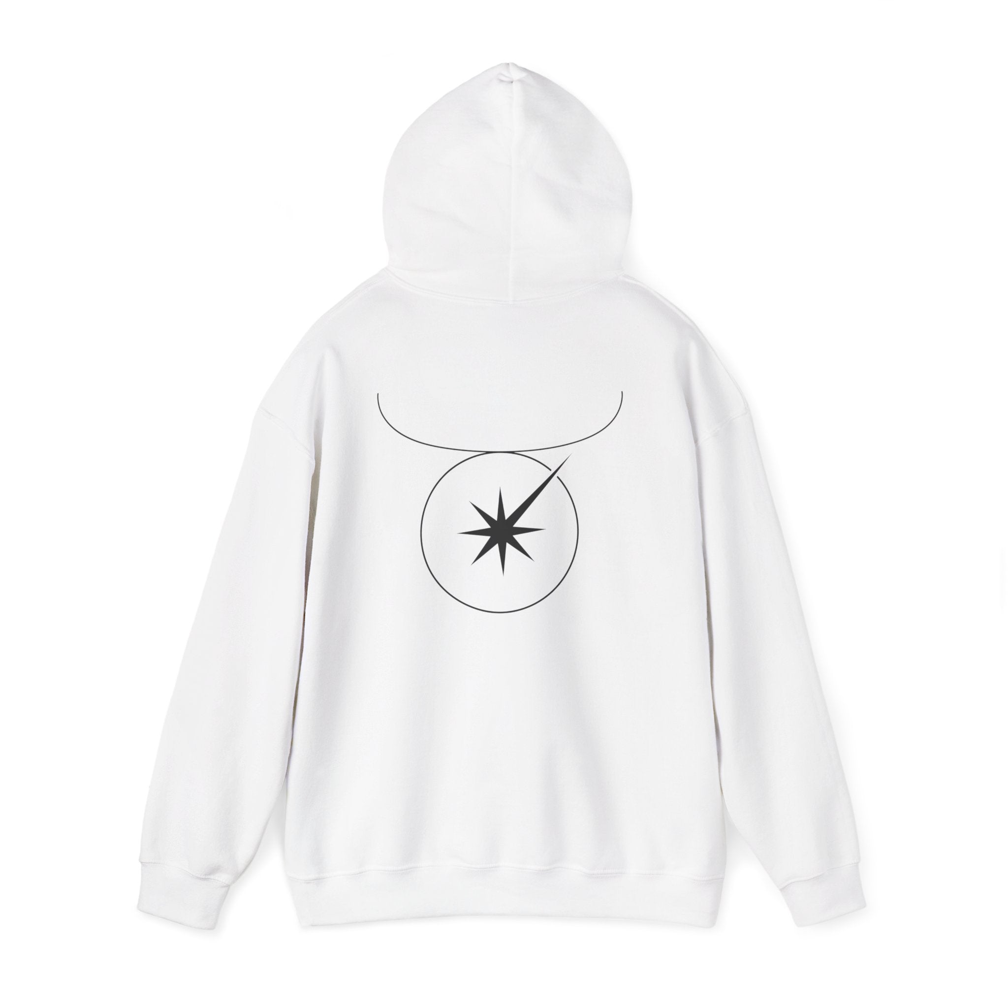 Back view of a white hoodie featuring a minimalist Taurus zodiac design in orbital line-art