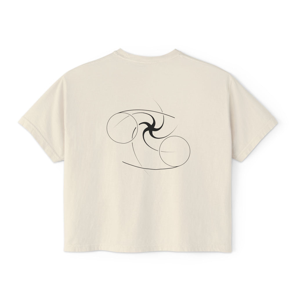 Back view of a Beige t-shirt featuring a minimalist Cancer zodiac design in orbital line-art