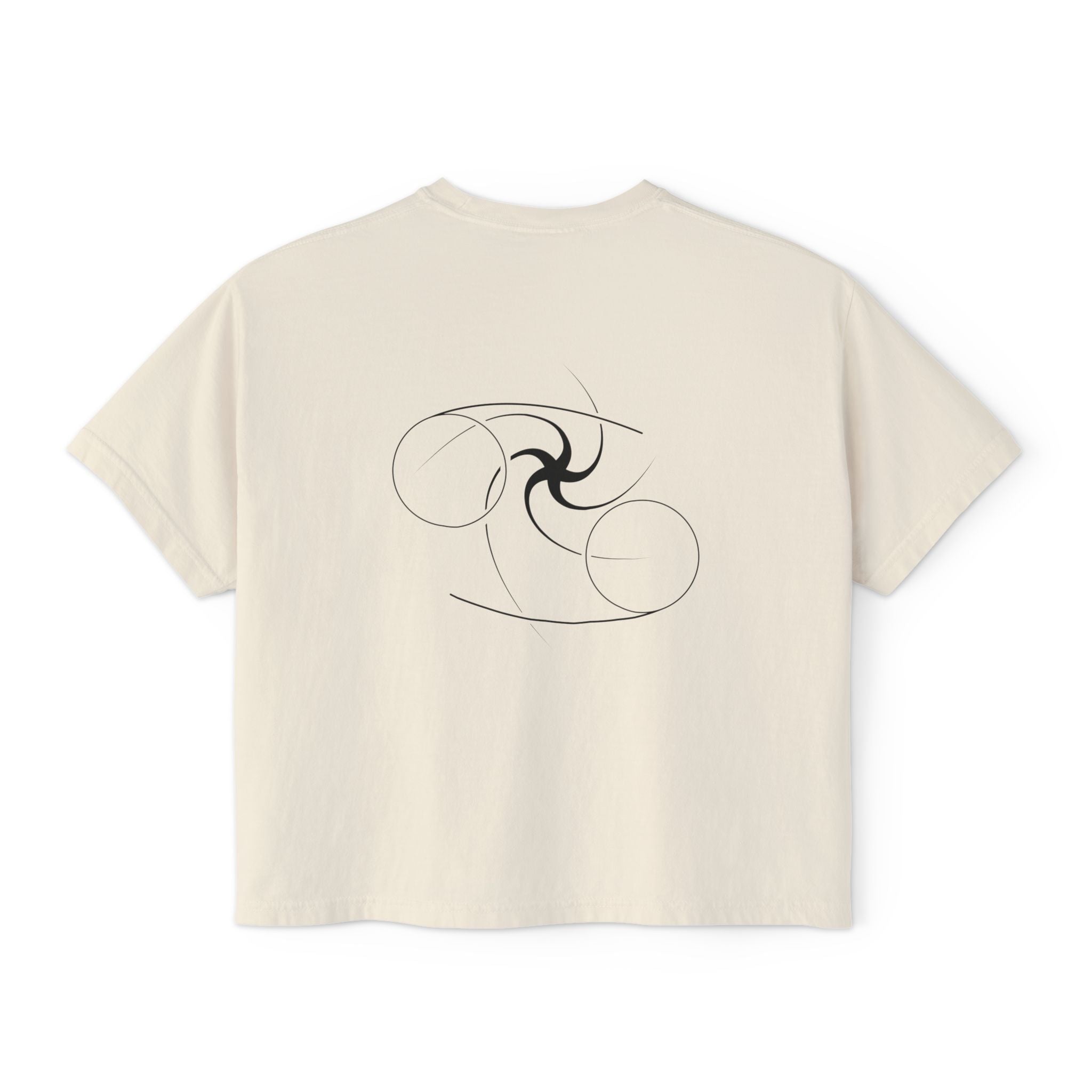 Back view of a Beige t-shirt featuring a minimalist Cancer zodiac design in orbital line-art