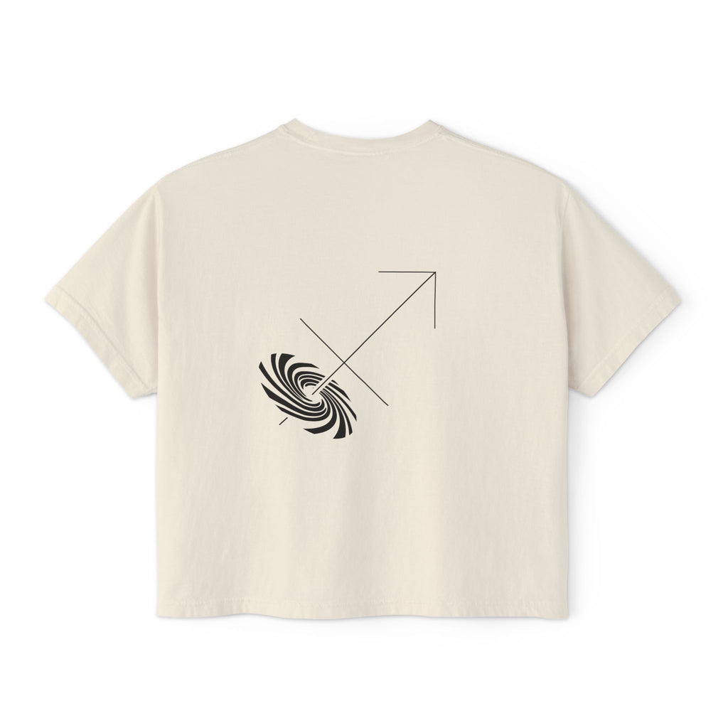 Back view of a Beige t-shirt featuring a minimalist Sagittarius zodiac design in orbital line-art