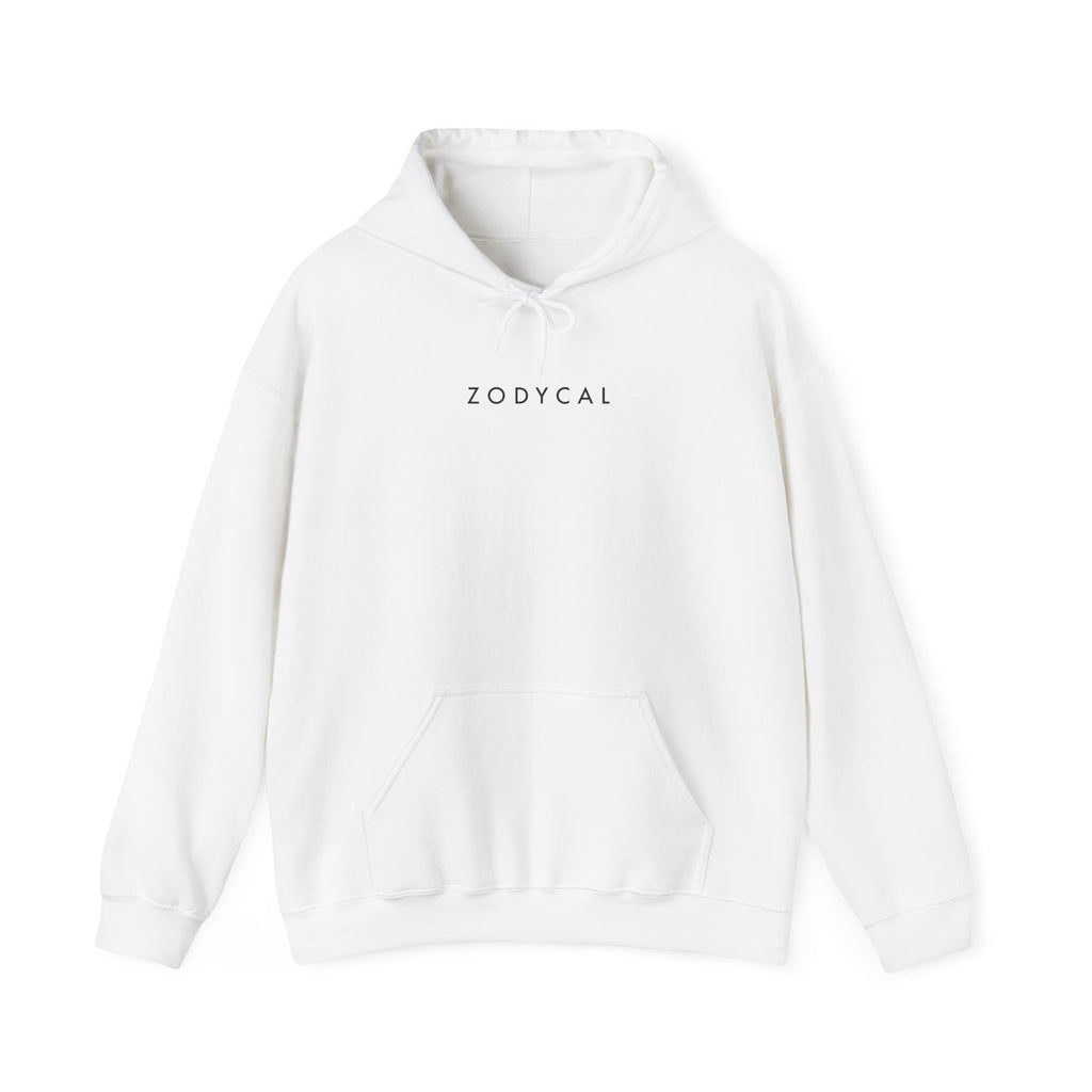Front view of a White hoodie featuring a minimalist Zodycal brand design
