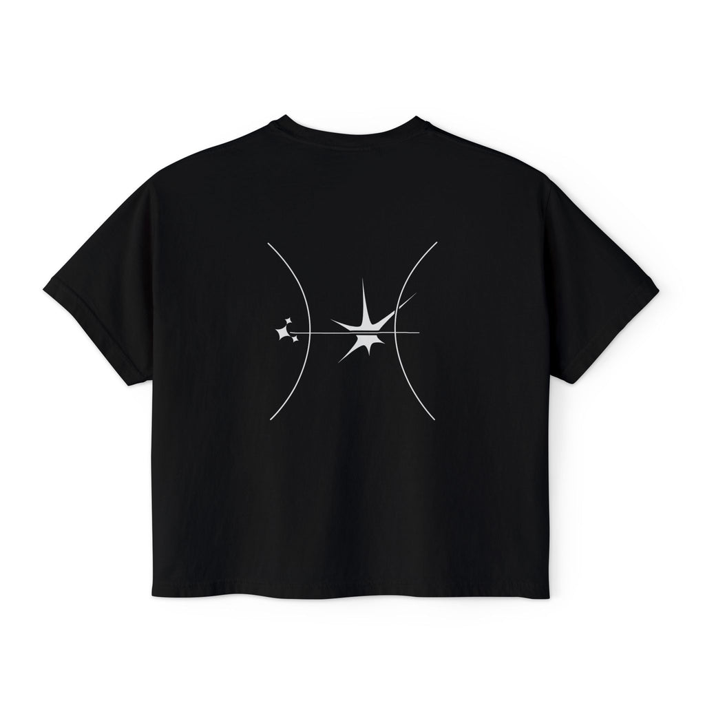 Back view of a Black t-shirt featuring a minimalist Pisces zodiac design in orbital line-art