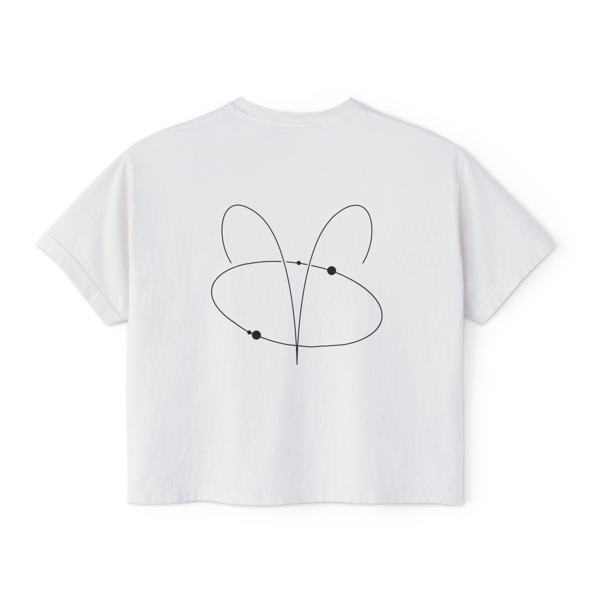 Back view of a white t-shirt featuring a minimalist Aries zodiac design in orbital line-art