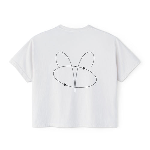 Back view of a white t-shirt featuring a minimalist Aries zodiac design in orbital line-art