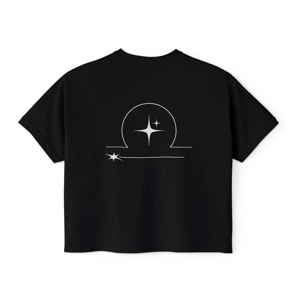 Back view of a Black t-shirt featuring a minimalist Libra zodiac design in orbital line-art