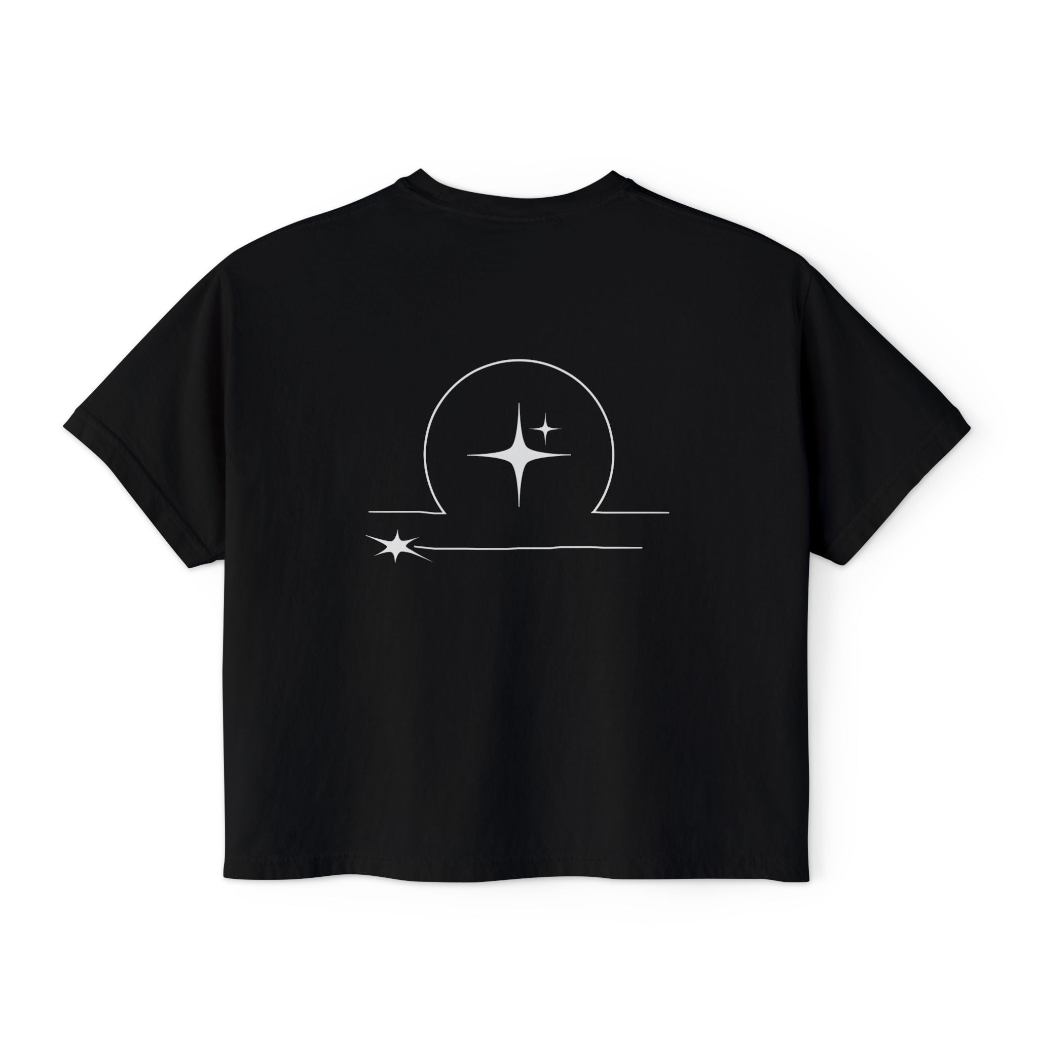 Back view of a Black t-shirt featuring a minimalist Libra zodiac design in orbital line-art