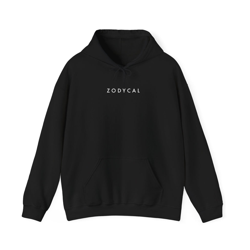 Front view of a Black hoodie featuring a minimalist Zodycal brand design