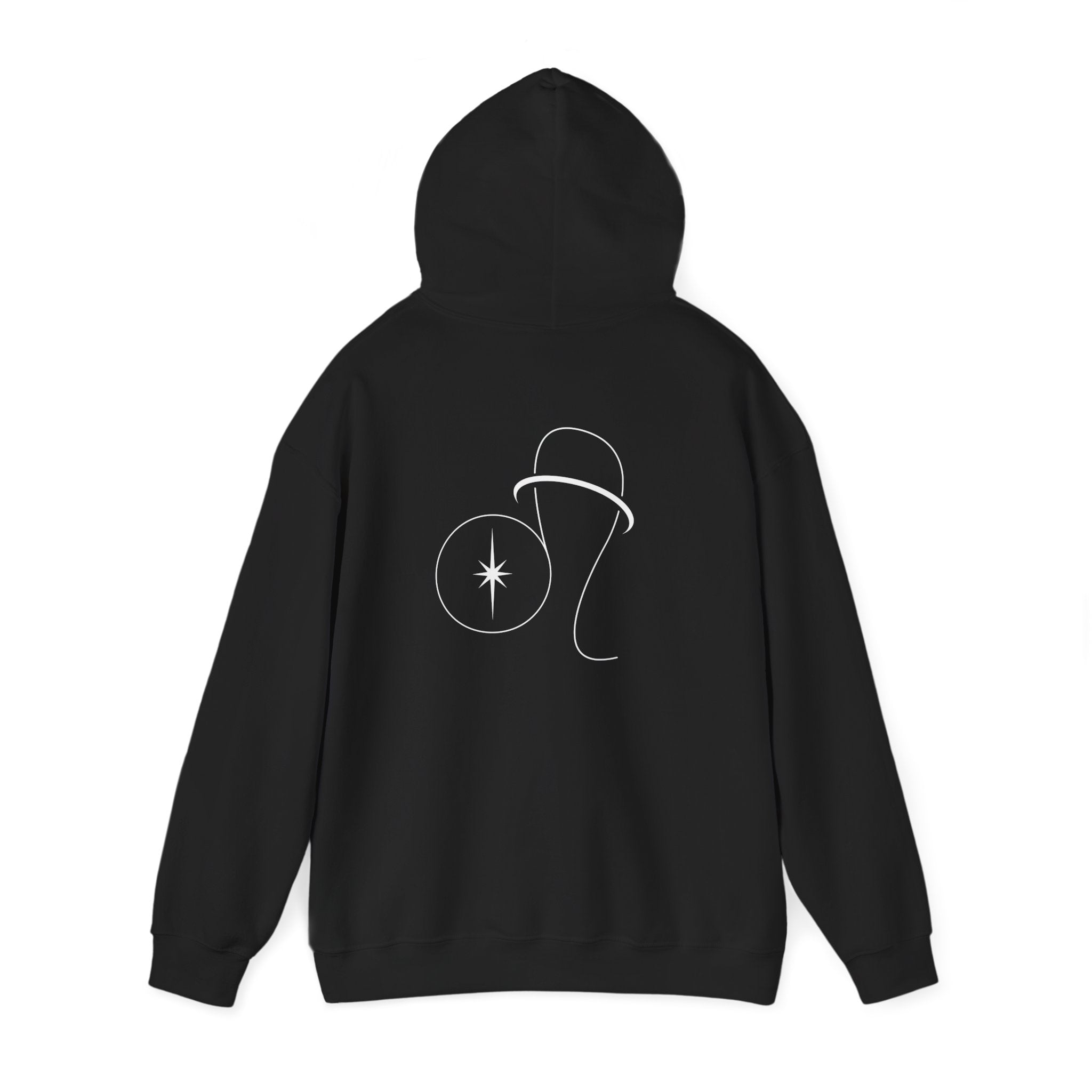 Back view of a black hoodie featuring a minimalist Leo zodiac design in orbital line-art