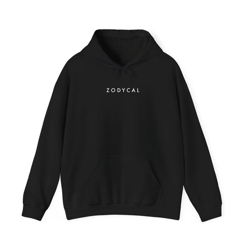 Front view of a Black hoodie featuring a minimalist Zodycal brand design