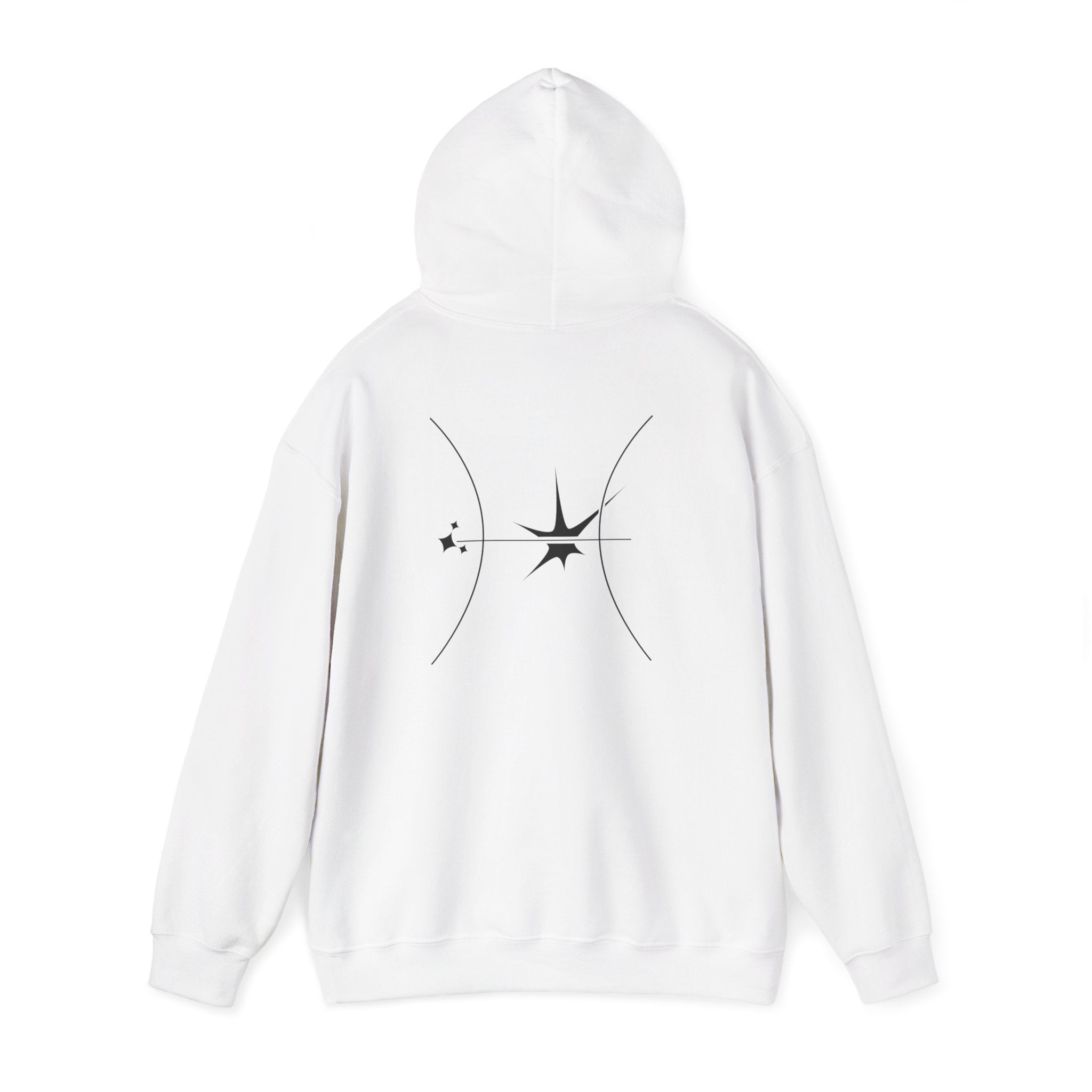Back view of a white hoodie featuring a minimalist Gemini zodiac design in orbital line-art