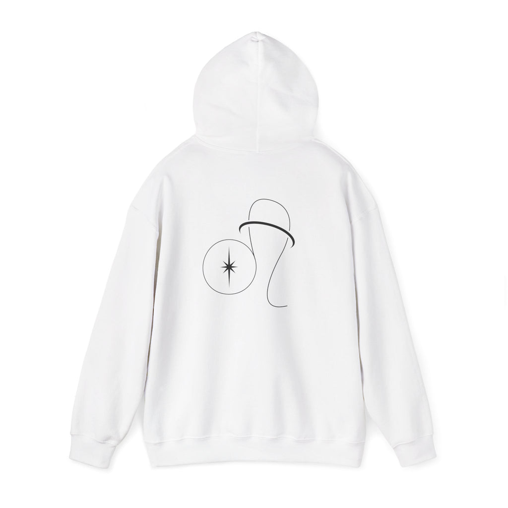Back view of a white hoodie featuring a minimalist Leo zodiac design in orbital line-art