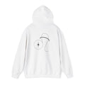 Back view of a white hoodie featuring a minimalist Leo zodiac design in orbital line-art