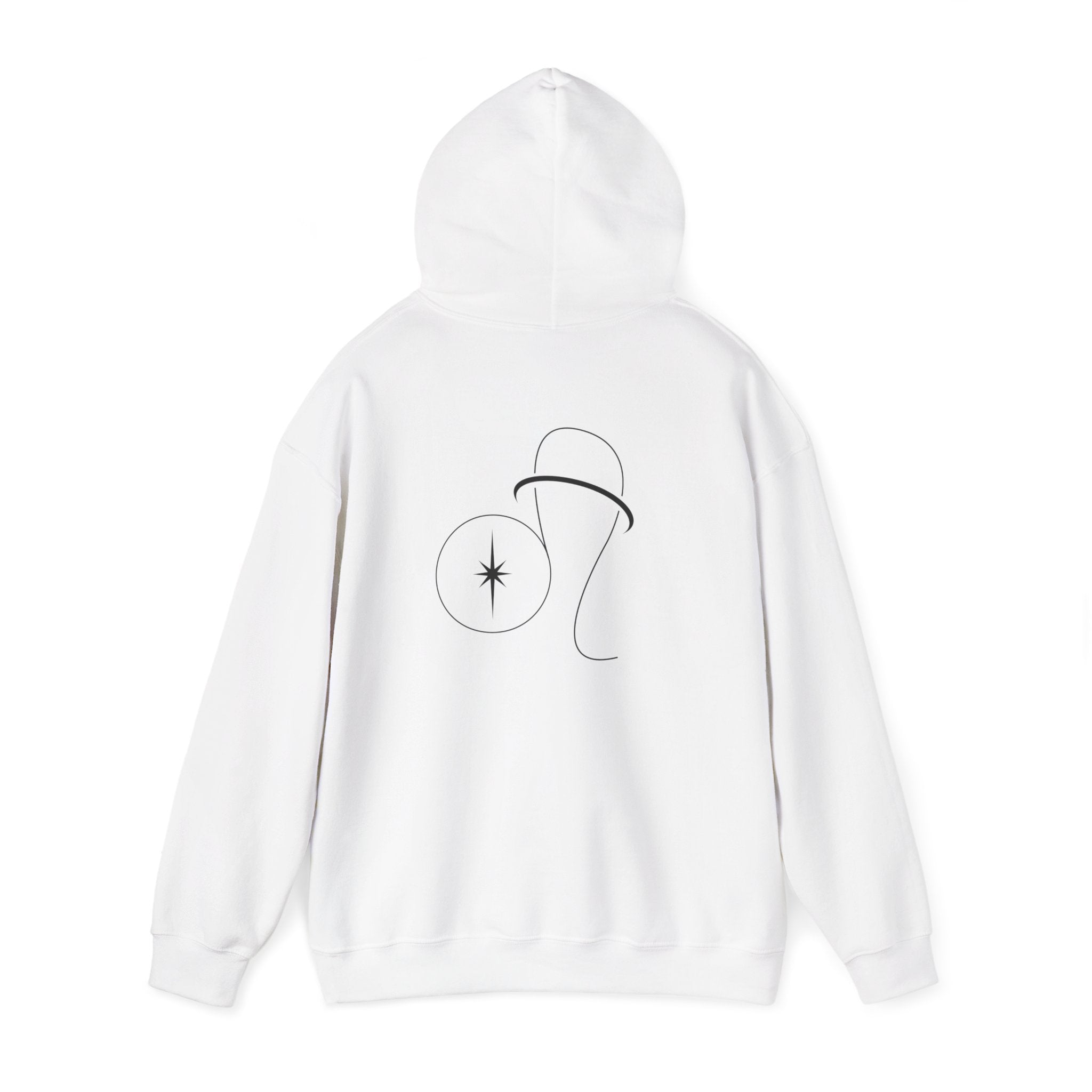 Back view of a white hoodie featuring a minimalist Leo zodiac design in orbital line-art