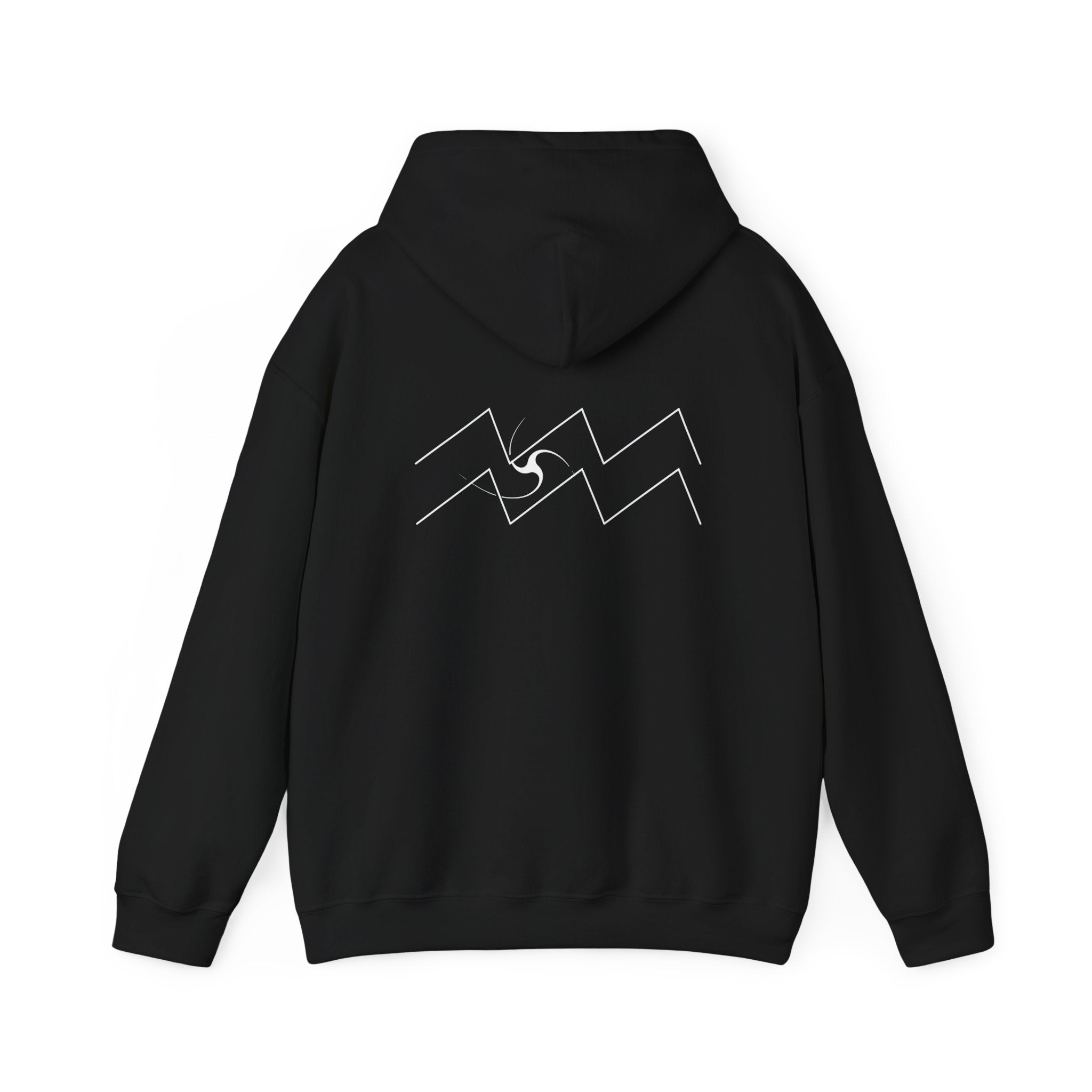 Back view of a black hoodie featuring a minimalist Aquarius zodiac design in orbital line-art