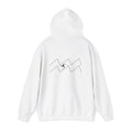 Back view of a white hoodie featuring a minimalist Aquarius zodiac design in orbital line-art