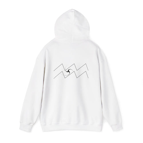 Back view of a white hoodie featuring a minimalist Aquarius zodiac design in orbital line-art