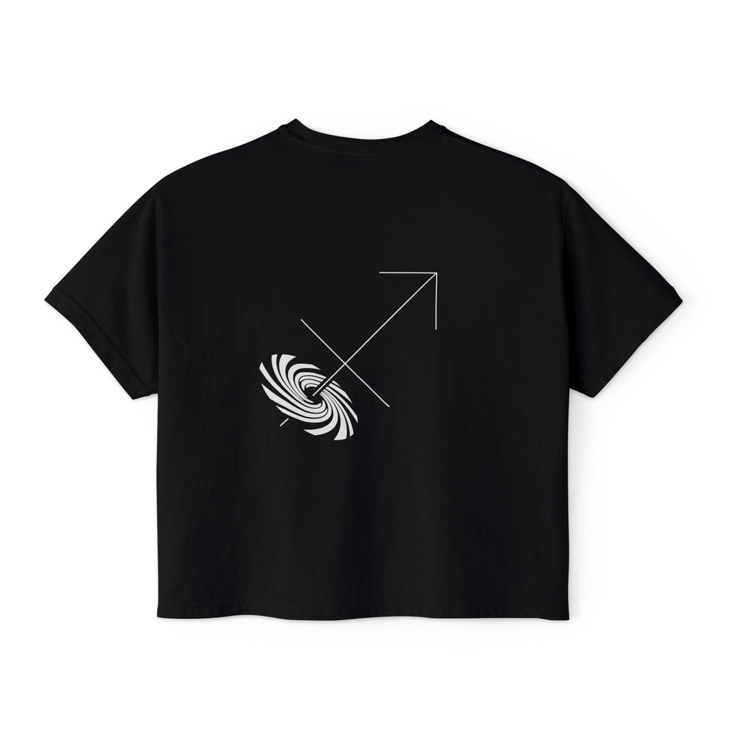 Back view of a Black t-shirt featuring a minimalist Sagittarius zodiac design in orbital line-art