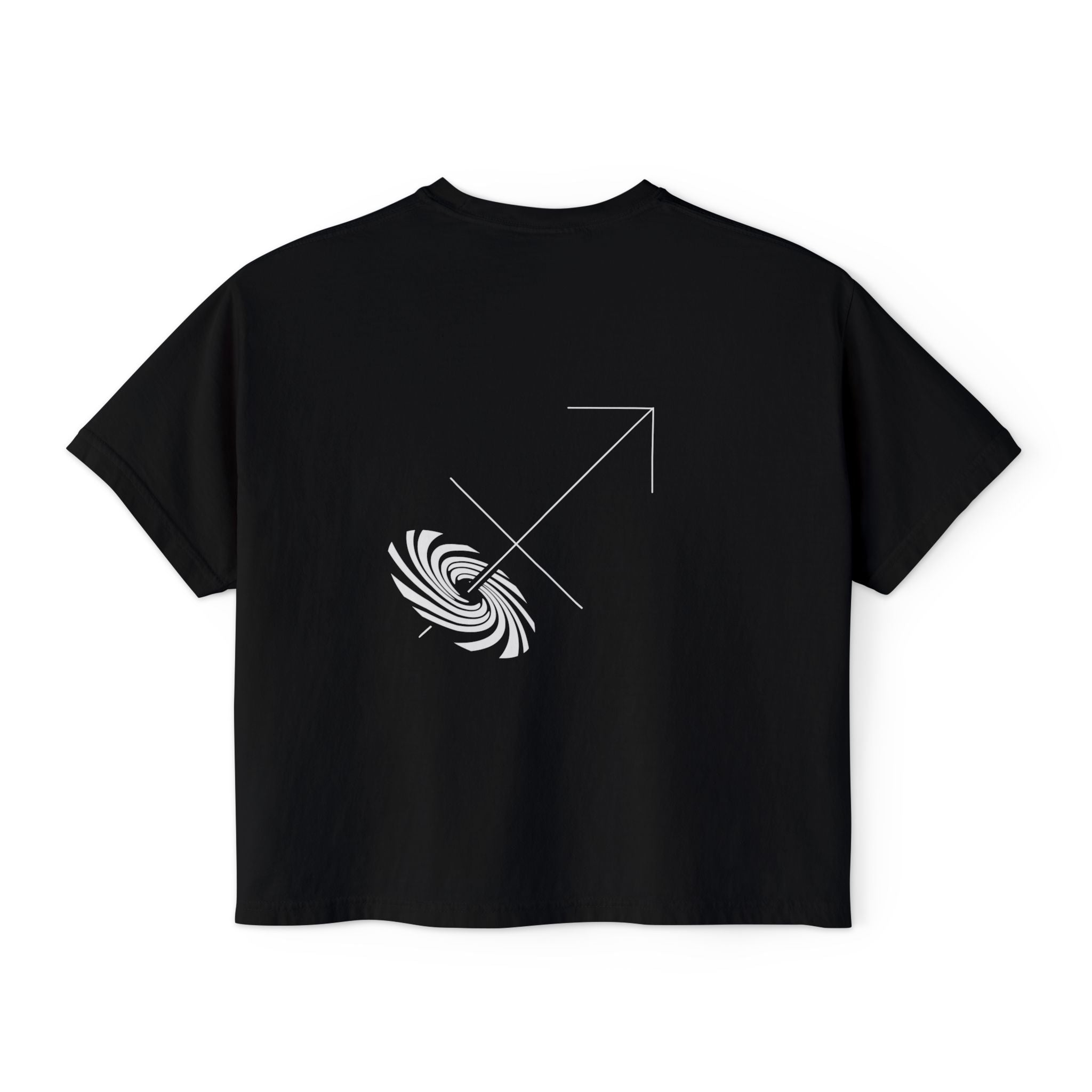 Back view of a Black t-shirt featuring a minimalist Sagittarius zodiac design in orbital line-art