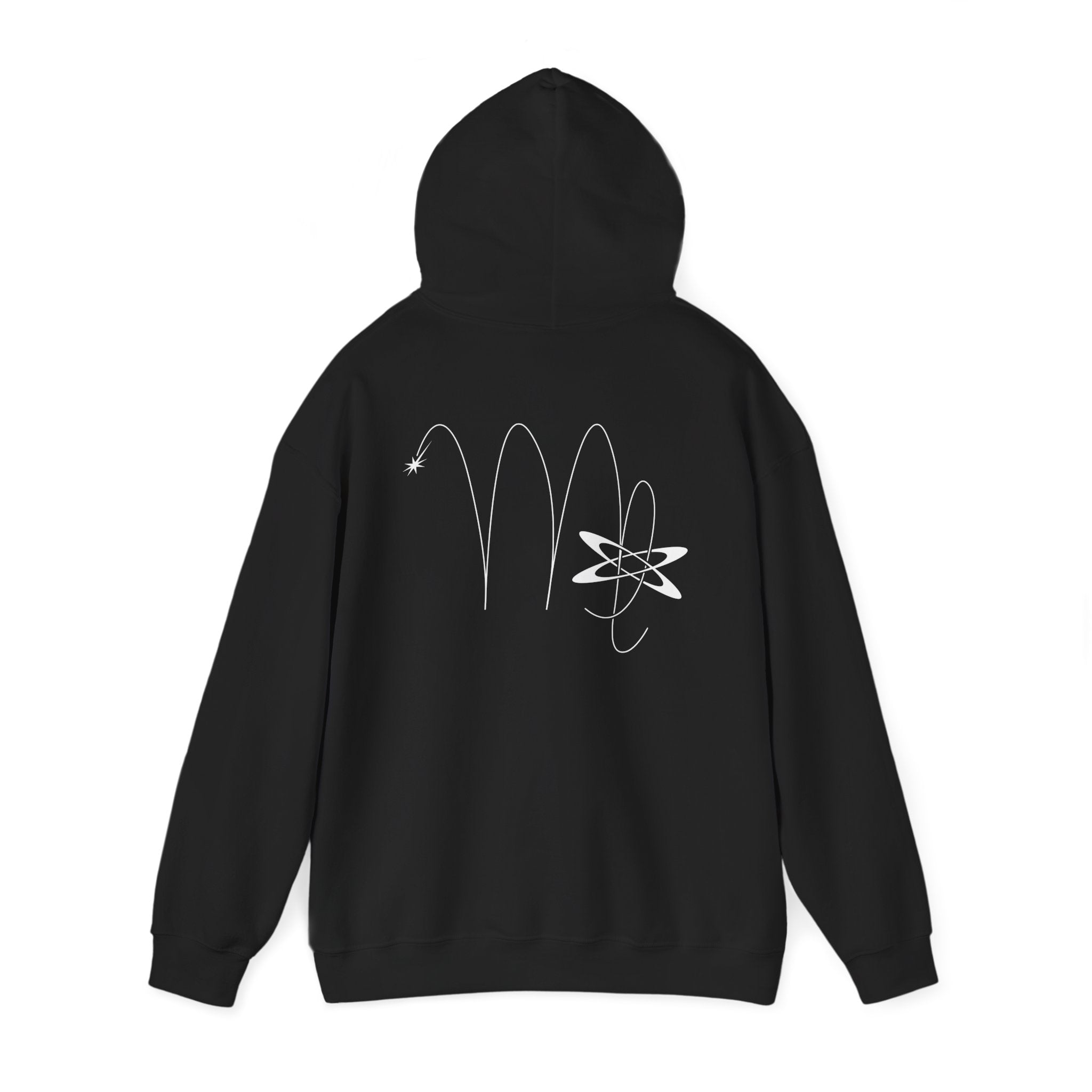 Back view of a black hoodie featuring a minimalist Virgo zodiac design in orbital line-art