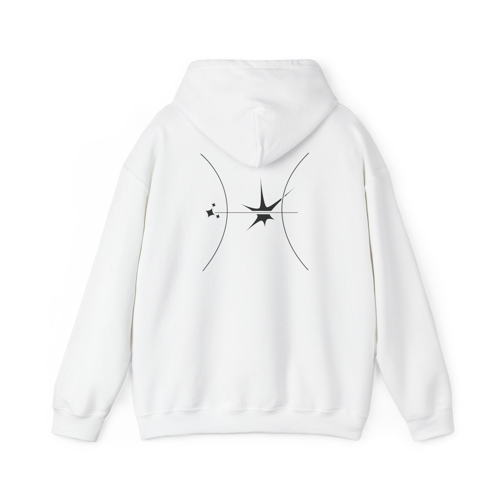 Back view of a white hoodie featuring a minimalist Gemini zodiac design in orbital line-art