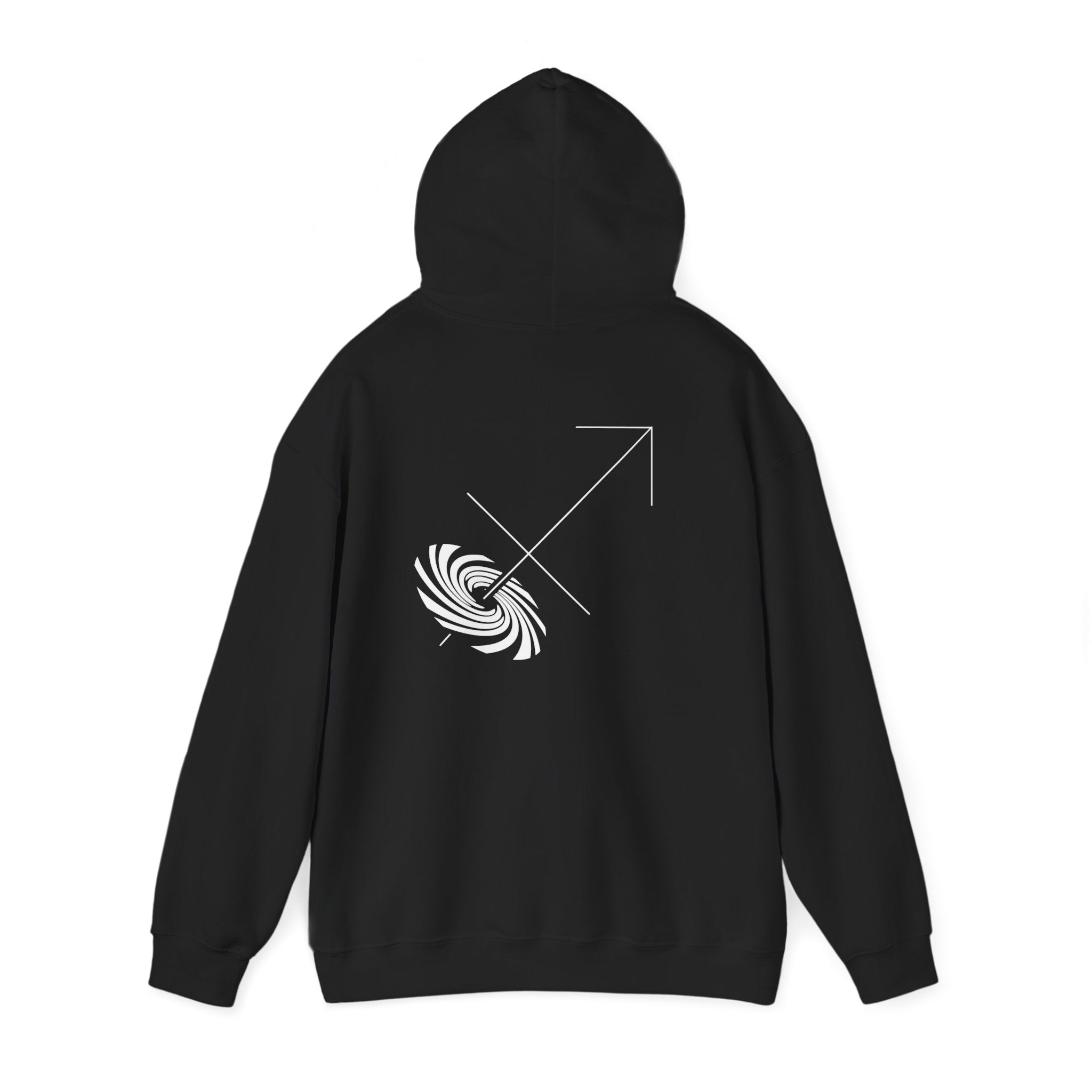Back view of a black hoodie featuring a minimalist Sagittarius zodiac design in orbital line-art