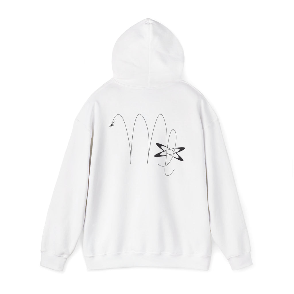 Back view of a white hoodie featuring a minimalist Virgo zodiac design in orbital line-art