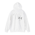 Back view of a white hoodie featuring a minimalist Virgo zodiac design in orbital line-art
