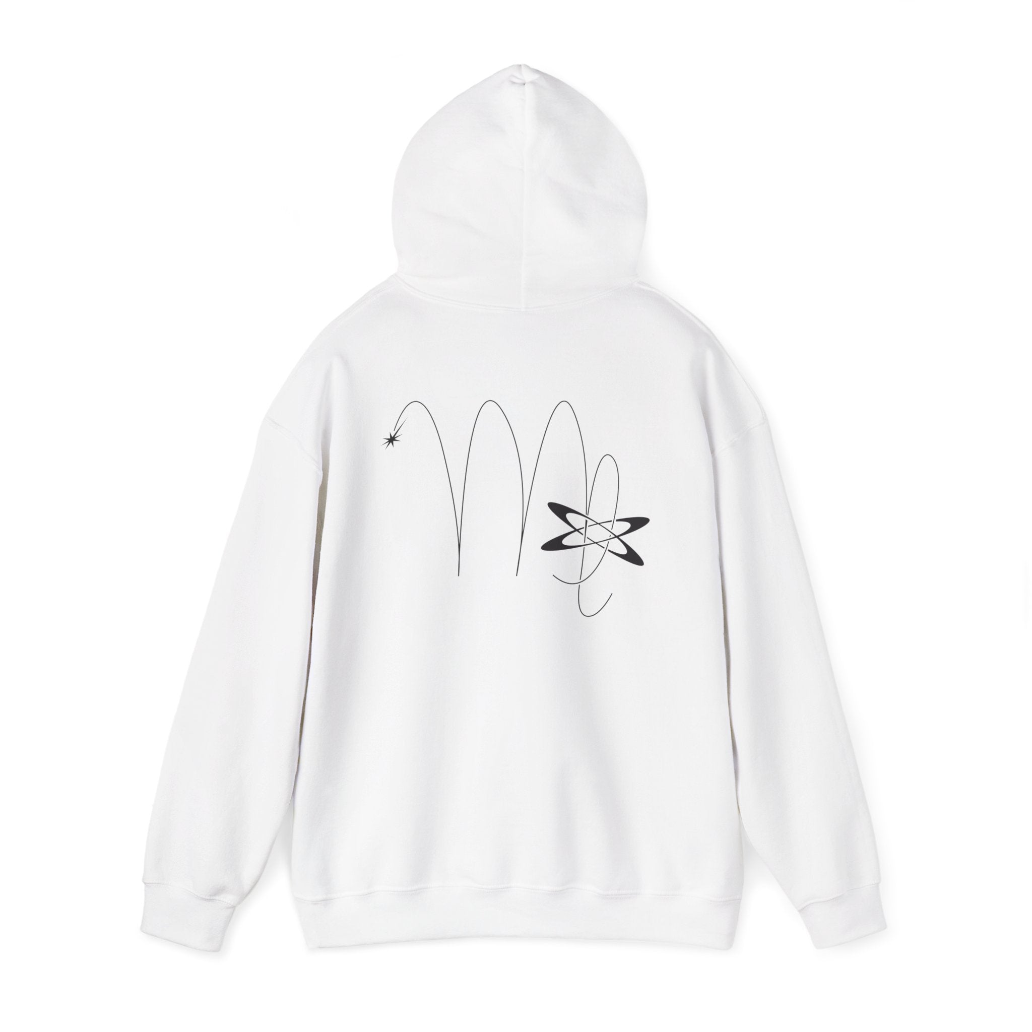 Back view of a white hoodie featuring a minimalist Virgo zodiac design in orbital line-art