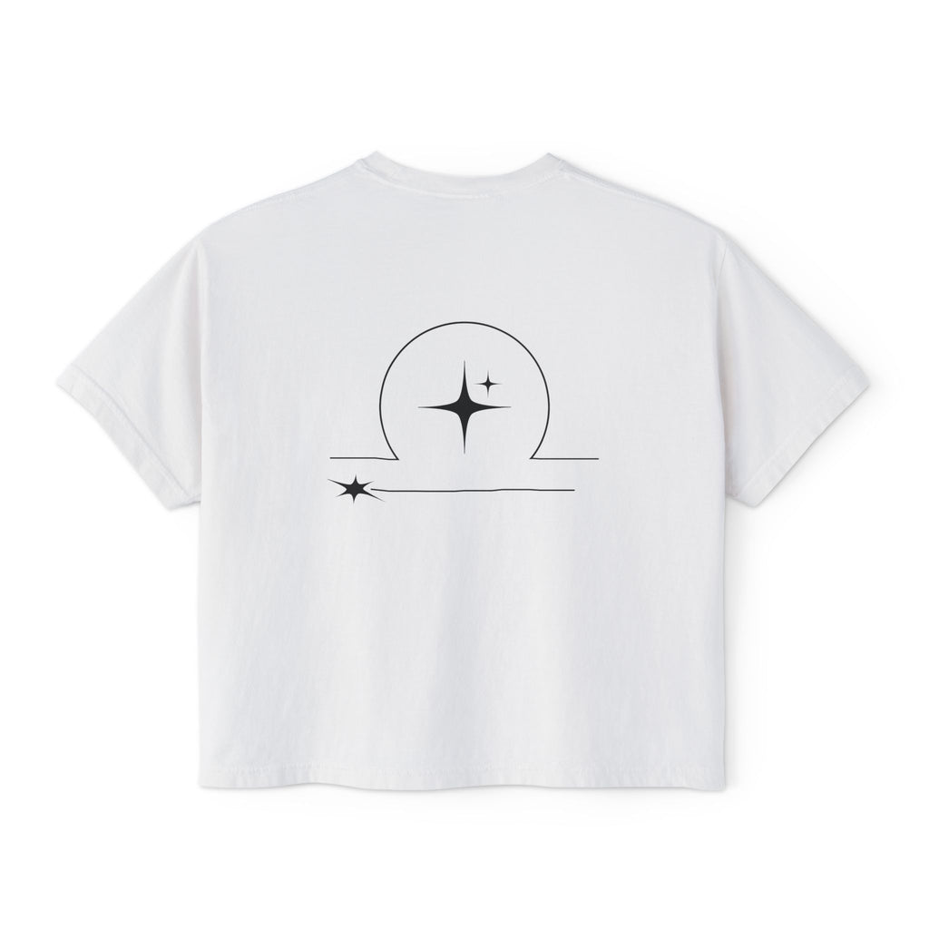 Back view of a white t-shirt featuring a minimalist Libra zodiac design in orbital line-art