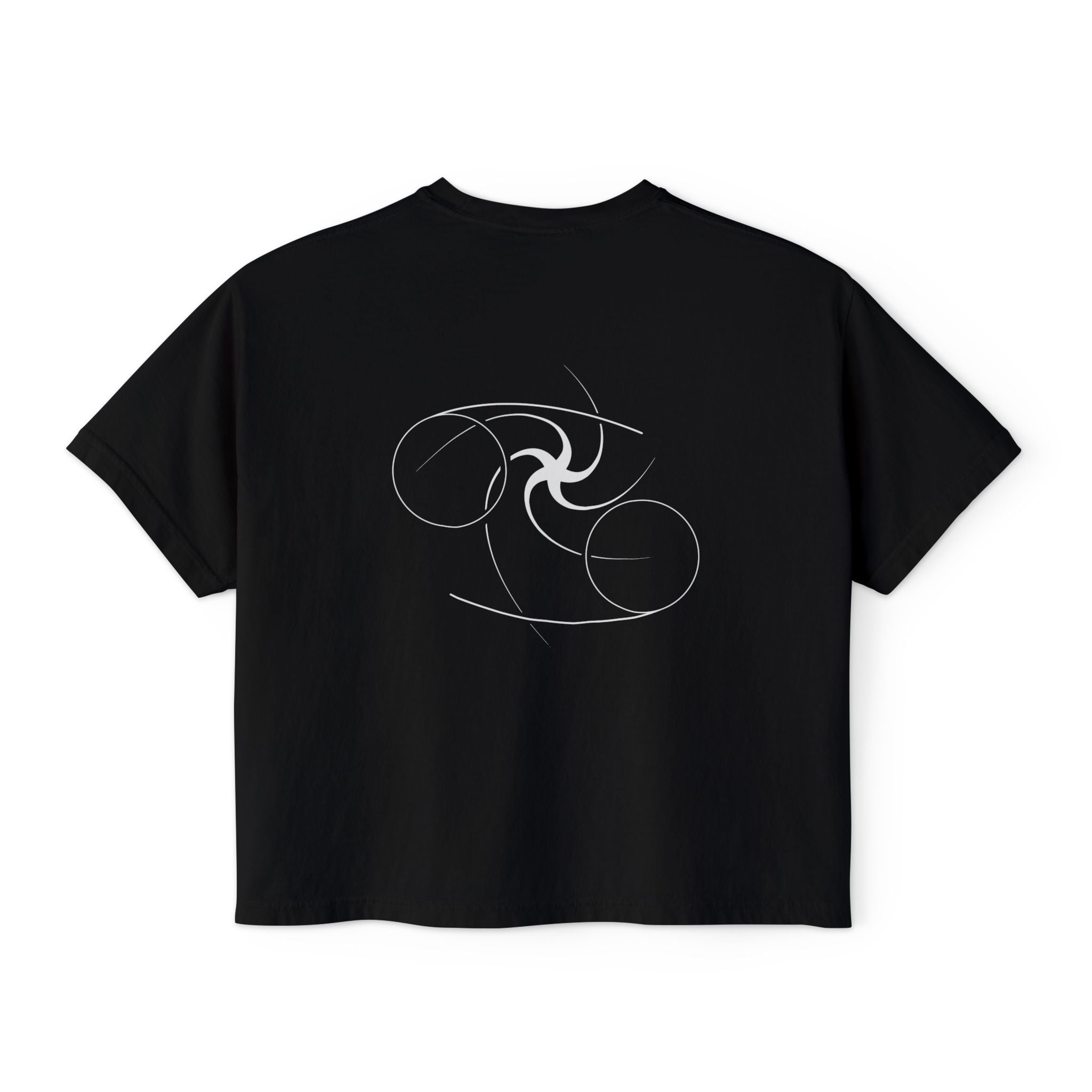 Back view of a Black t-shirt featuring a minimalist Cancer zodiac design in orbital line-art