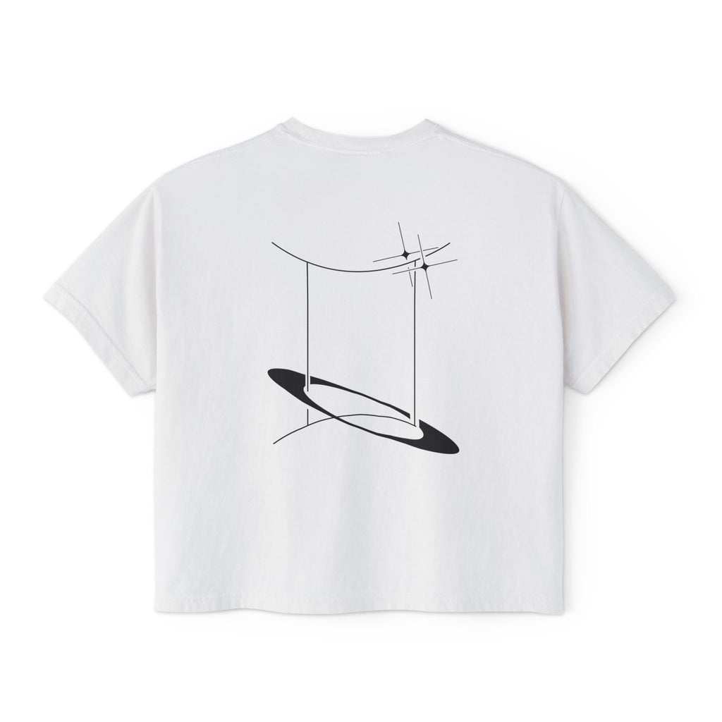 Back view of a white t-shirt featuring a minimalist Gemini zodiac design in orbital line-art