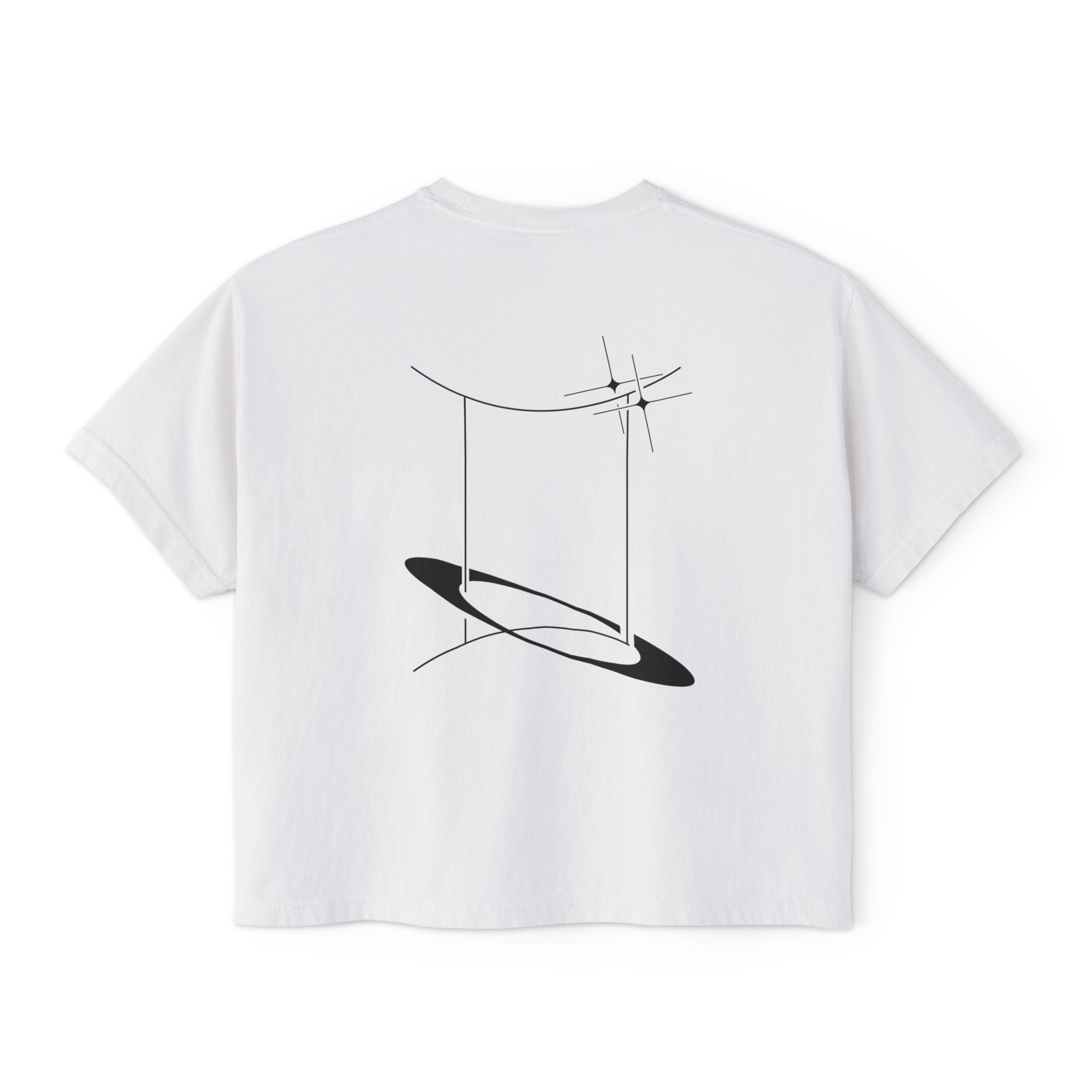 Back view of a white t-shirt featuring a minimalist Gemini zodiac design in orbital line-art