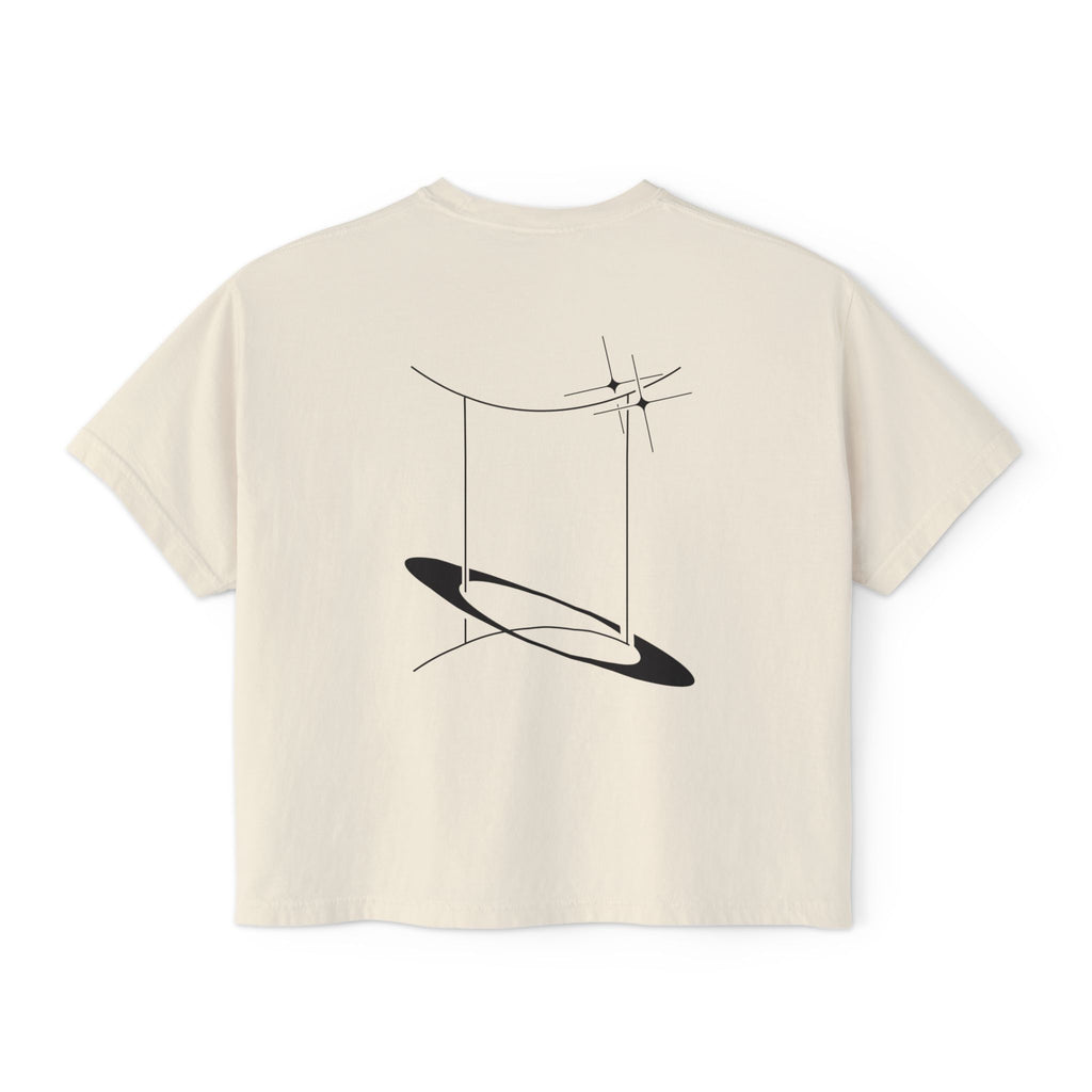 Back view of a Beige t-shirt featuring a minimalist Gemini zodiac design in orbital line-art