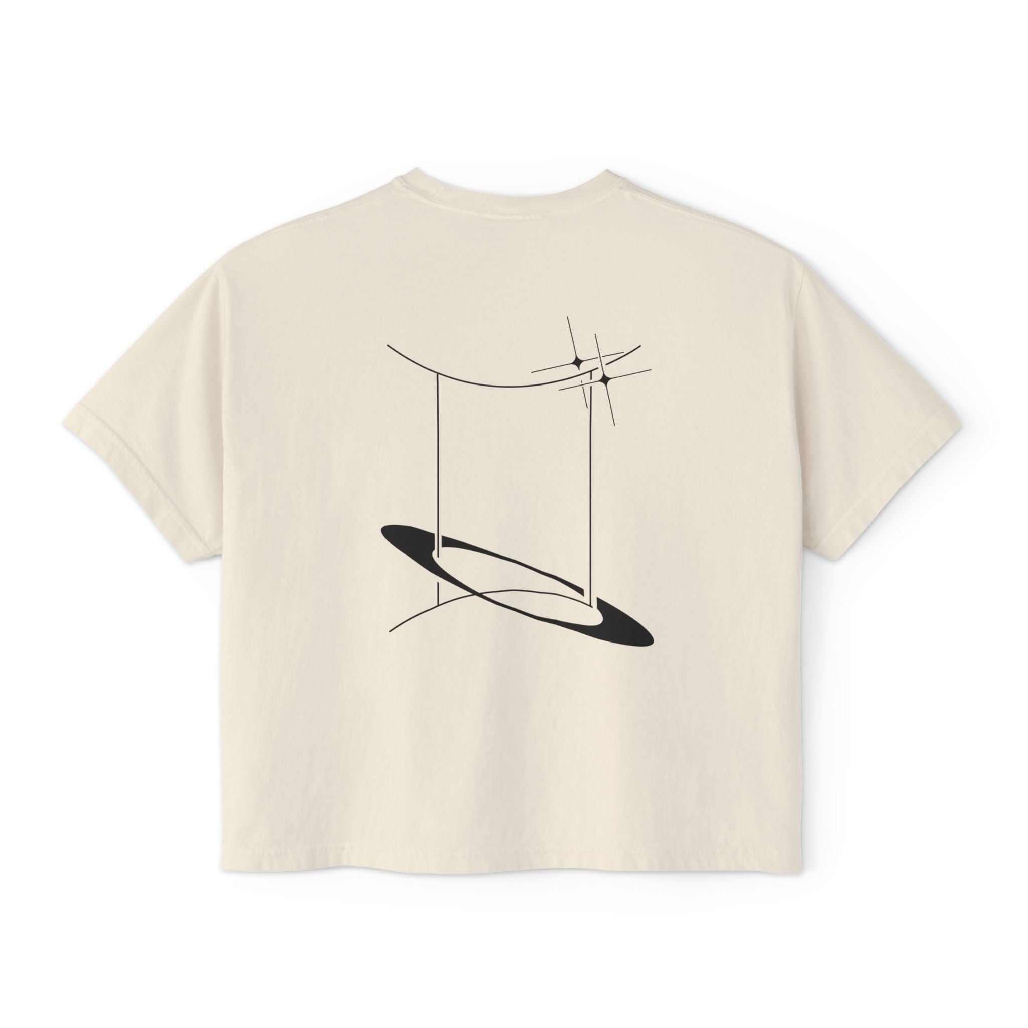 Back view of a Beige t-shirt featuring a minimalist Gemini zodiac design in orbital line-art