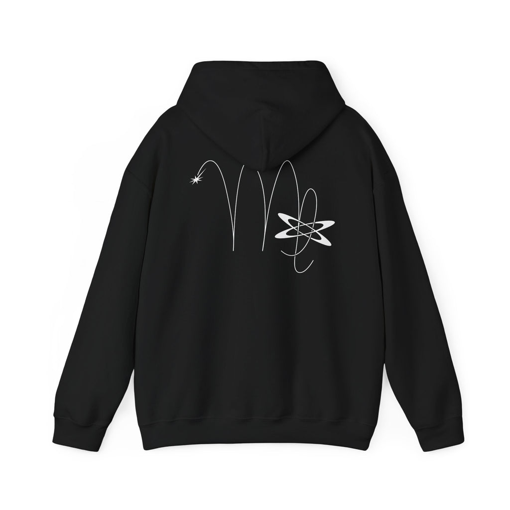 Back view of a black hoodie featuring a minimalist Virgo zodiac design in orbital line-art
