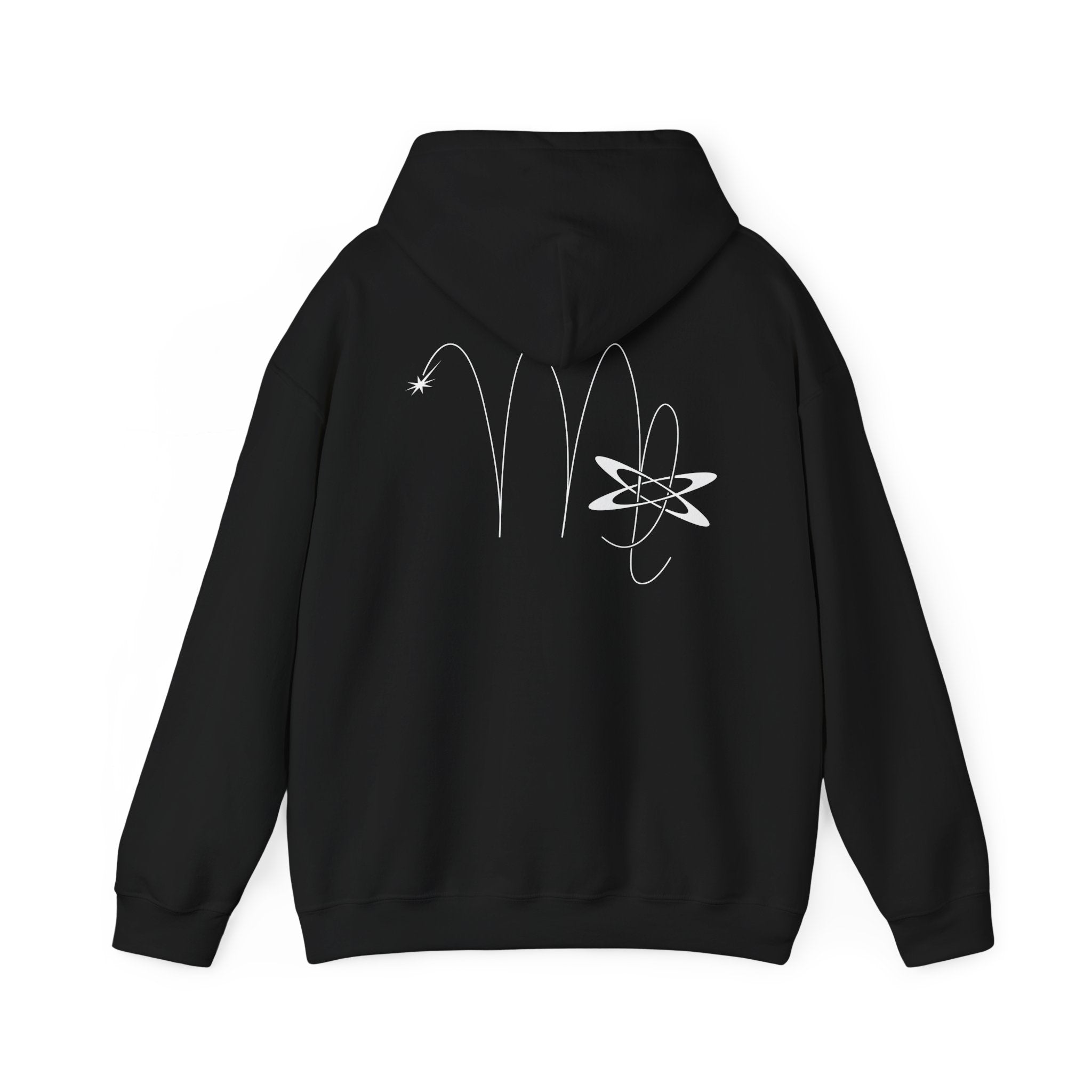 Back view of a black hoodie featuring a minimalist Virgo zodiac design in orbital line-art
