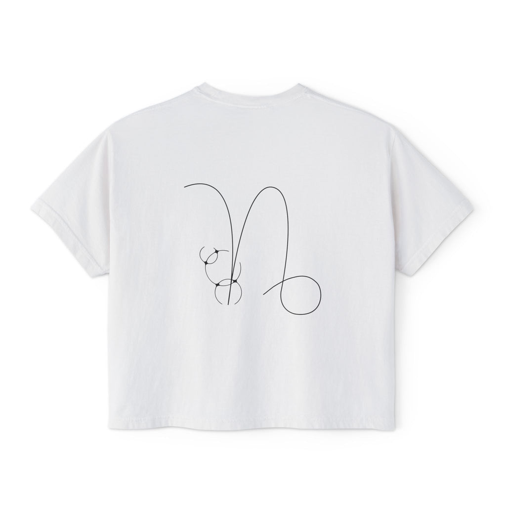 Back view of a white t-shirt featuring a minimalist Capricorn zodiac design in orbital line-art