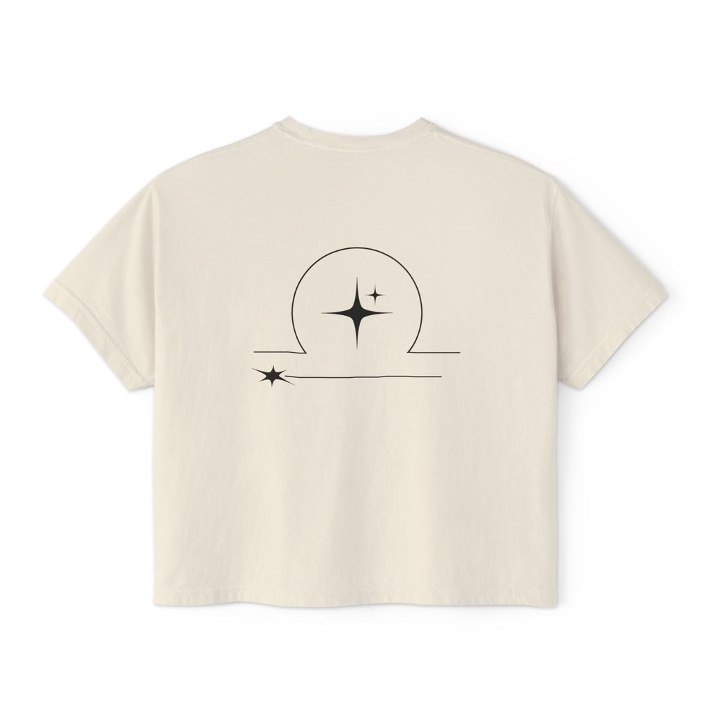 Back view of a Beige t-shirt featuring a minimalist Libra zodiac design in orbital line-art