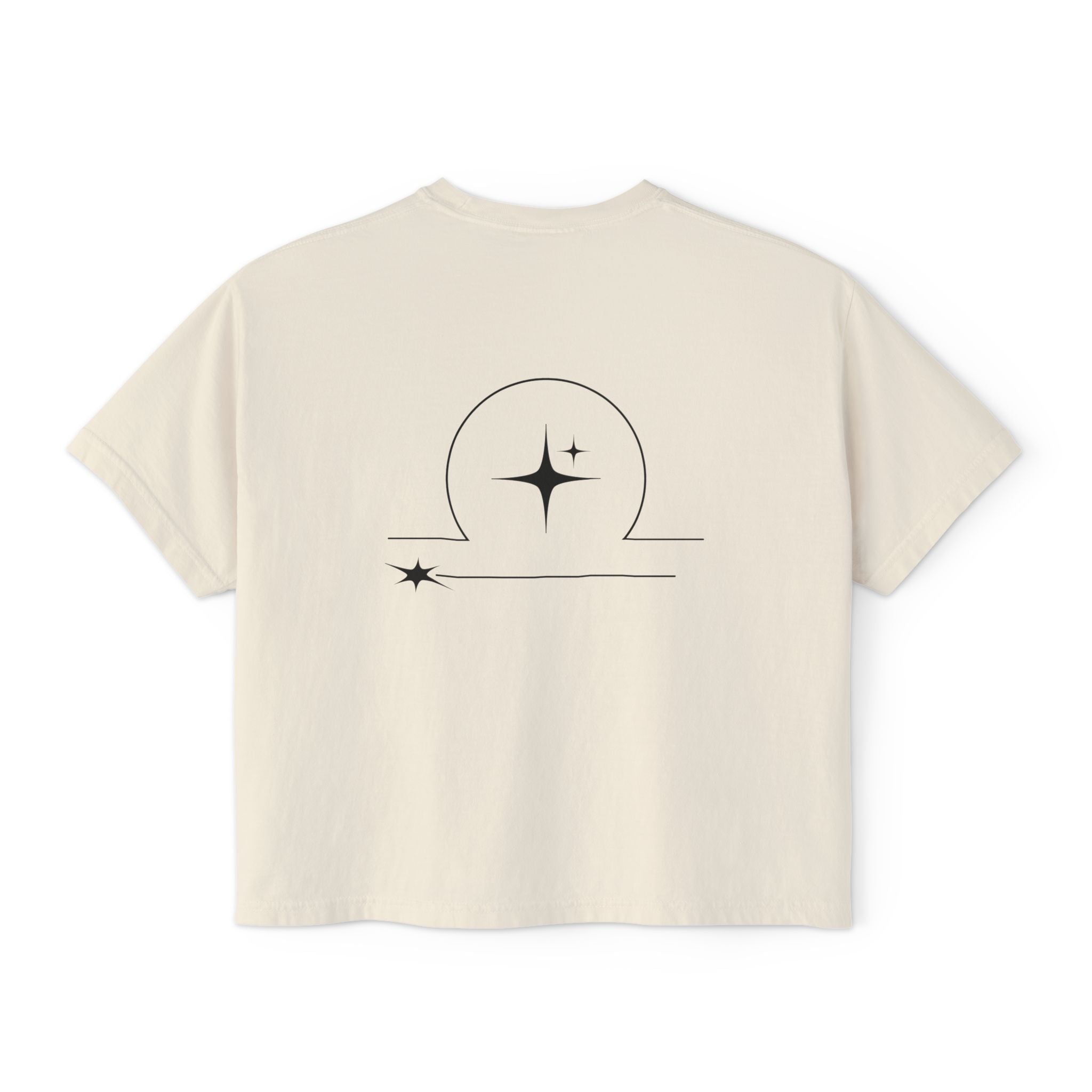 Back view of a Beige t-shirt featuring a minimalist Libra zodiac design in orbital line-art
