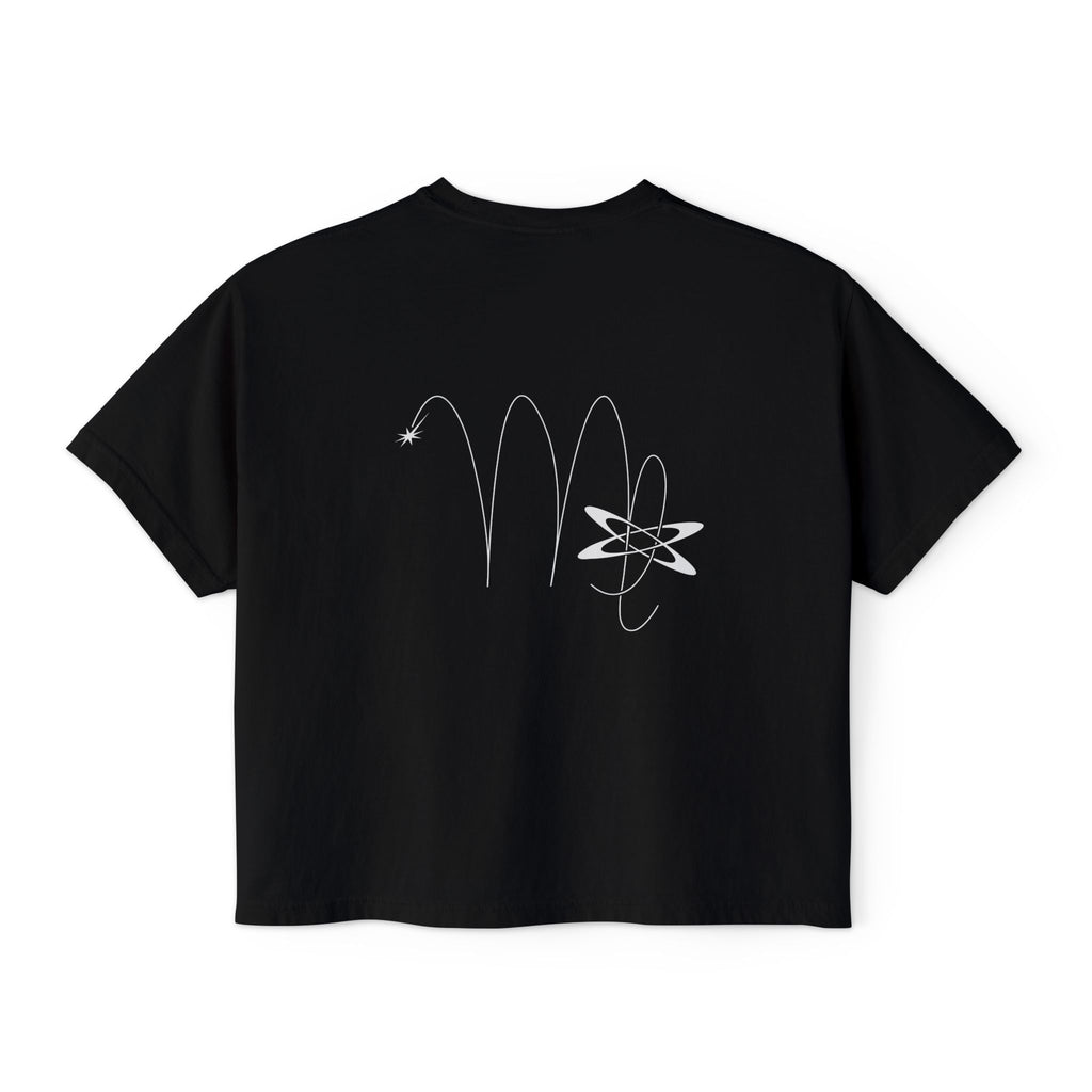 Back view of a Black t-shirt featuring a minimalist Virgo zodiac design in orbital line-art