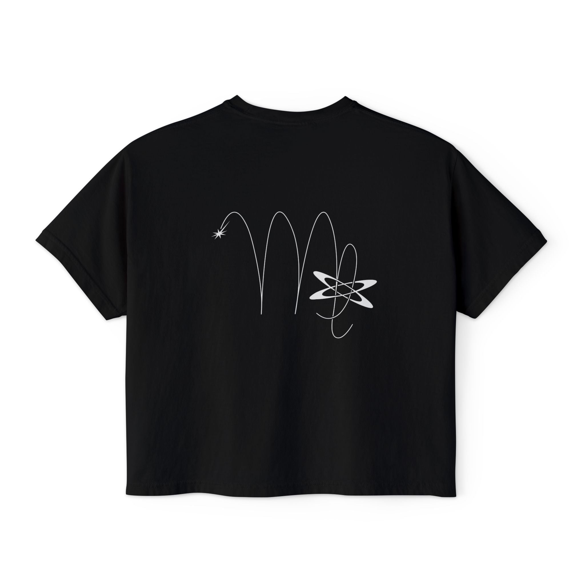 Back view of a Black t-shirt featuring a minimalist Virgo zodiac design in orbital line-art