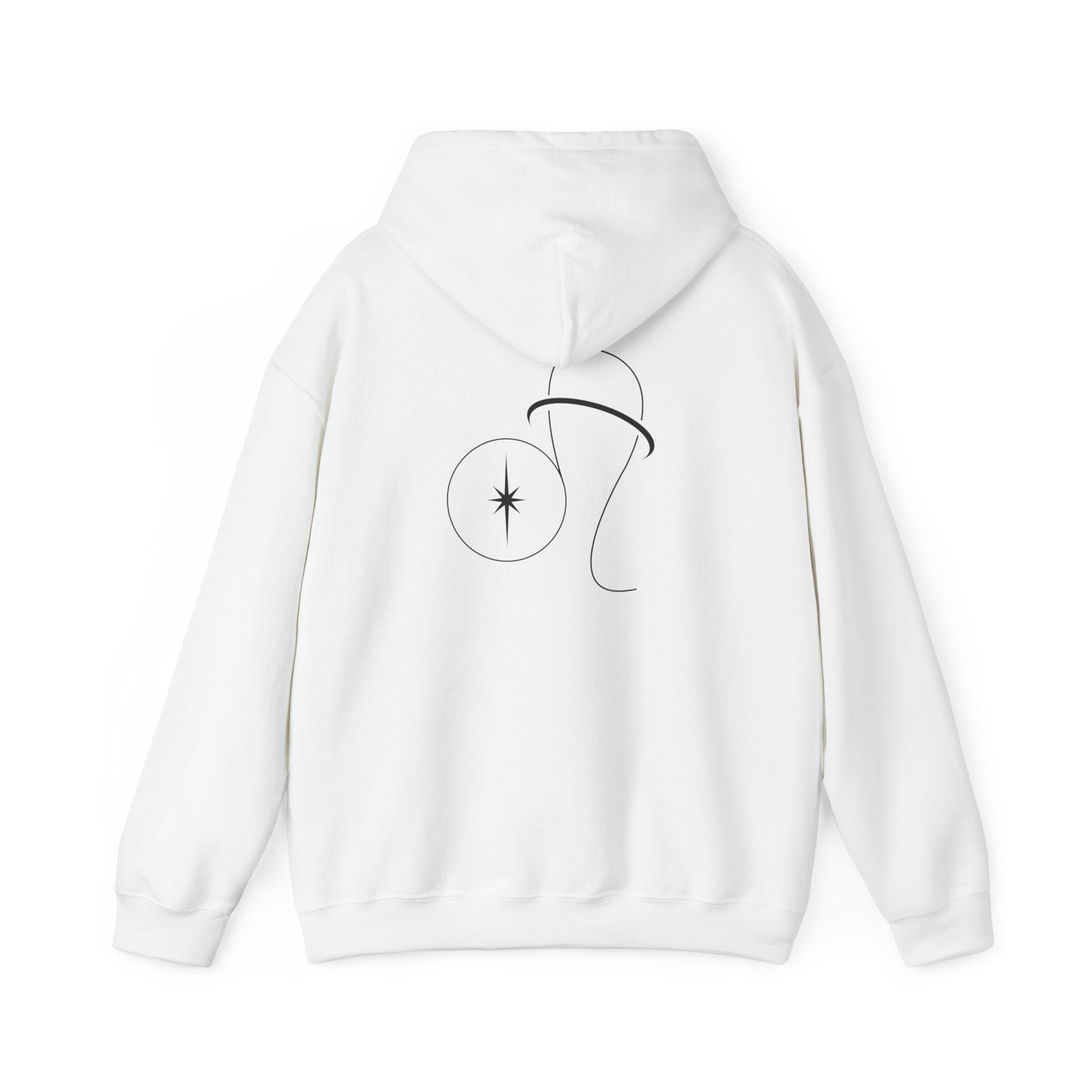 Back view of a white hoodie featuring a minimalist Leo zodiac design in orbital line-art