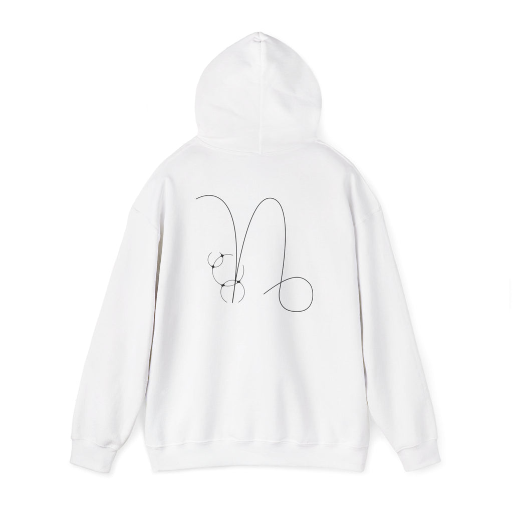 Back view of a white hoodie featuring a minimalist Capricorn zodiac design in orbital line-art