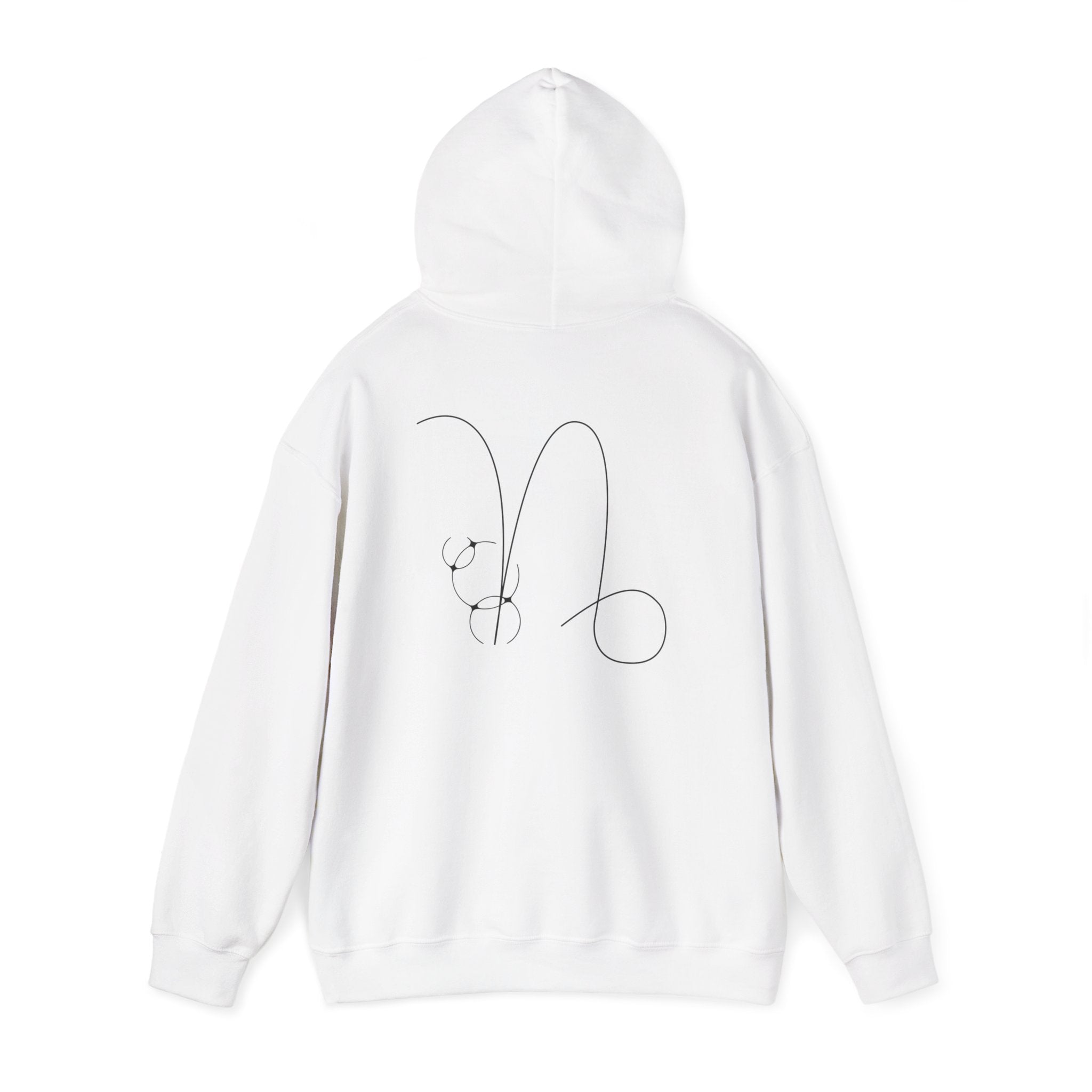 Back view of a white hoodie featuring a minimalist Capricorn zodiac design in orbital line-art
