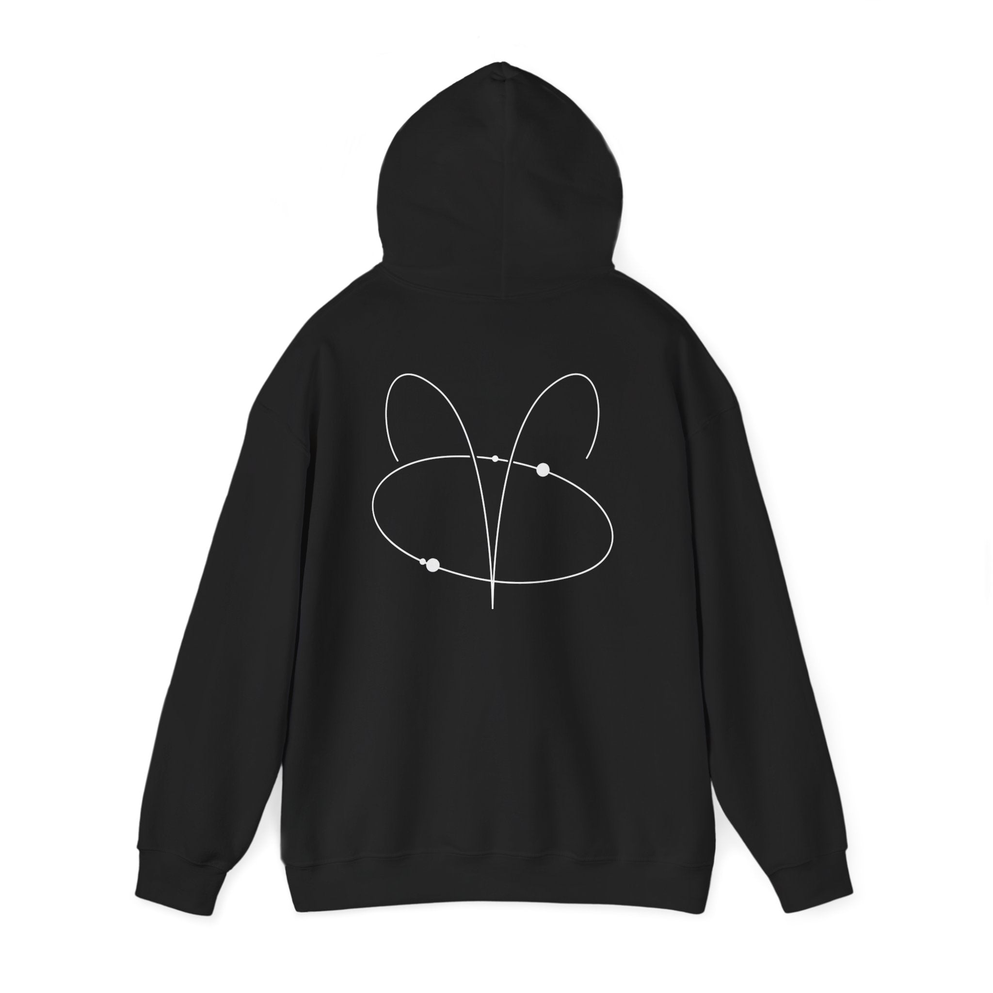 Back view of a black hoodie featuring a minimalist Aries zodiac design in orbital line-art