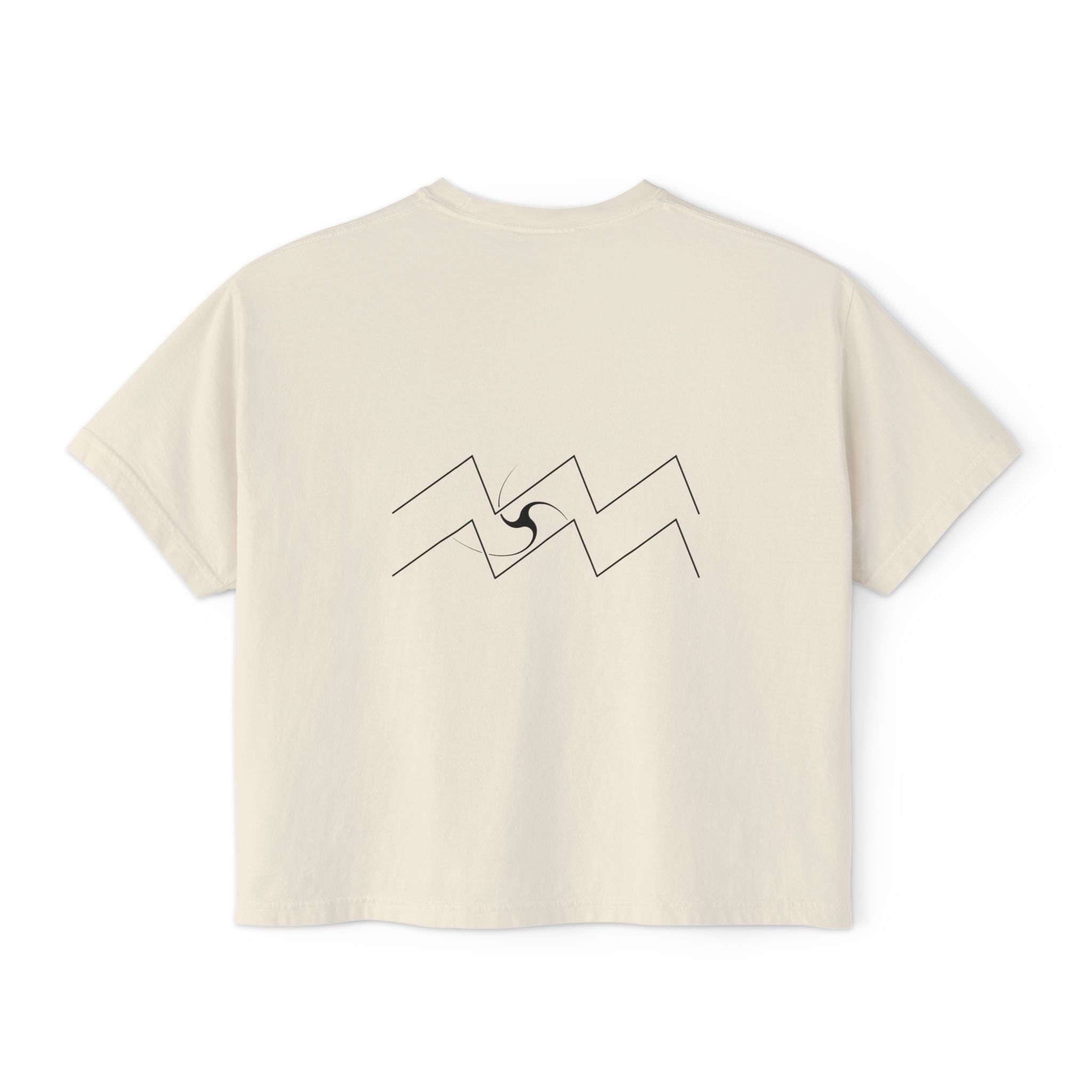 Back view of a Beige t-shirt featuring a minimalist Aquarius zodiac design in orbital line-art
